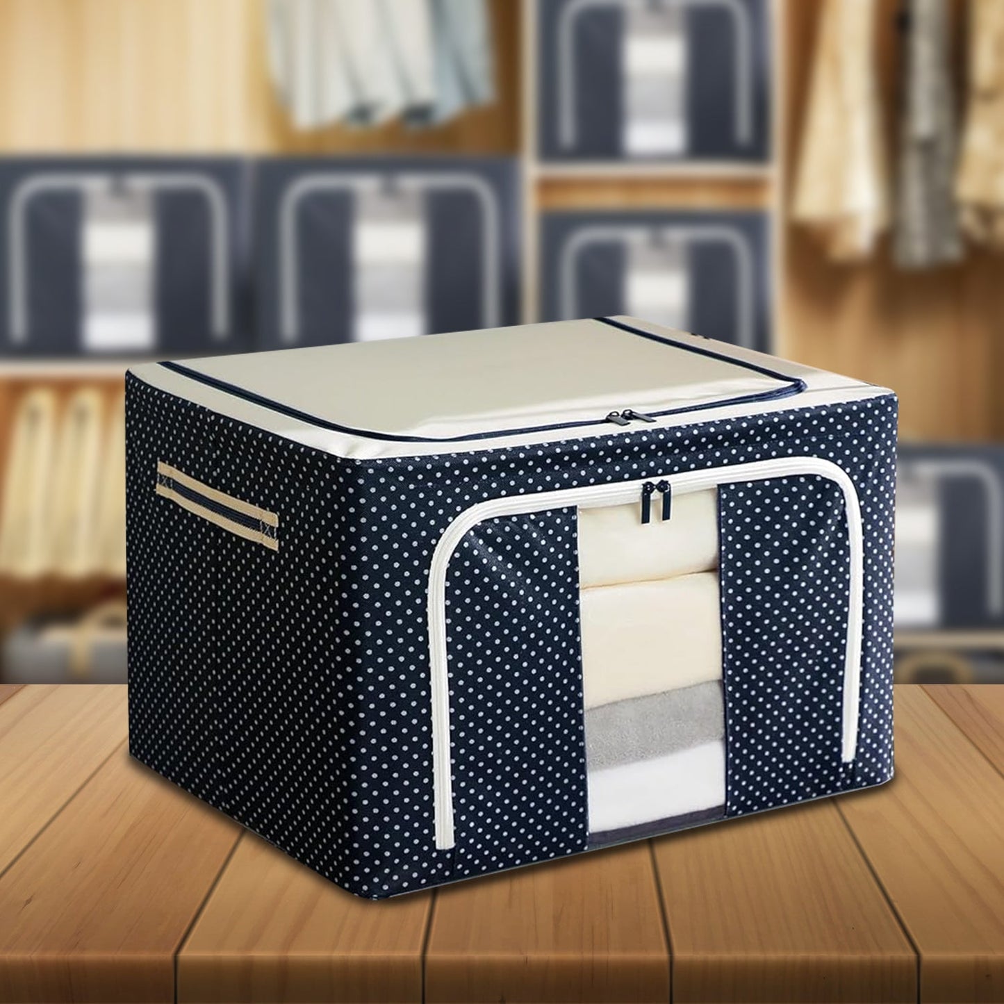 Double-Sided Zipper Storage Box – Foldable Organizer for Clothes & More (Blue)